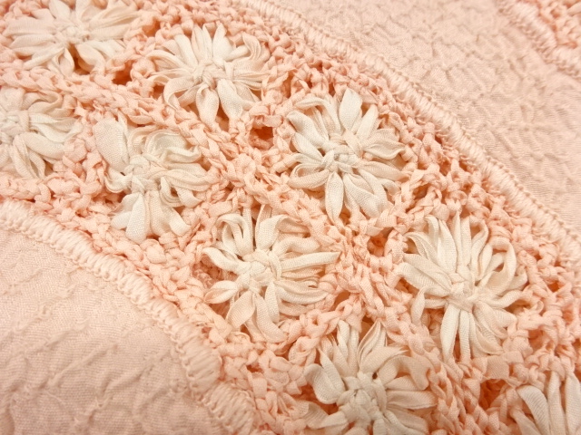  リボン刺繍よろけ縞に花模様ショール